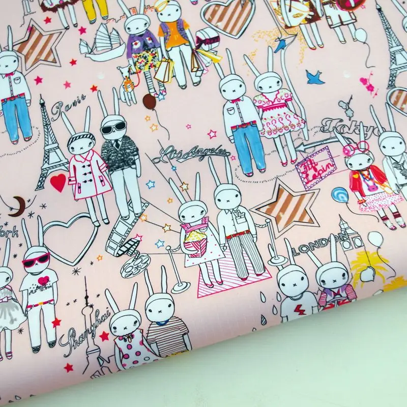 

PVC coated waterproof fabric - Rabit, star, tower, heart on pink background (063B)