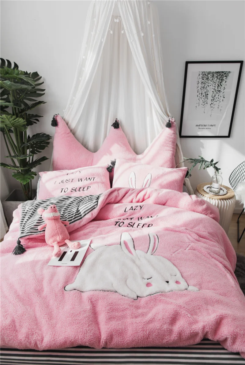 Белый розовый серый мультфильм кролик аппликация медведь вышивка фланелевый Комплект постельного белья флисовая ткань пододеяльник простыня/льняная наволочка