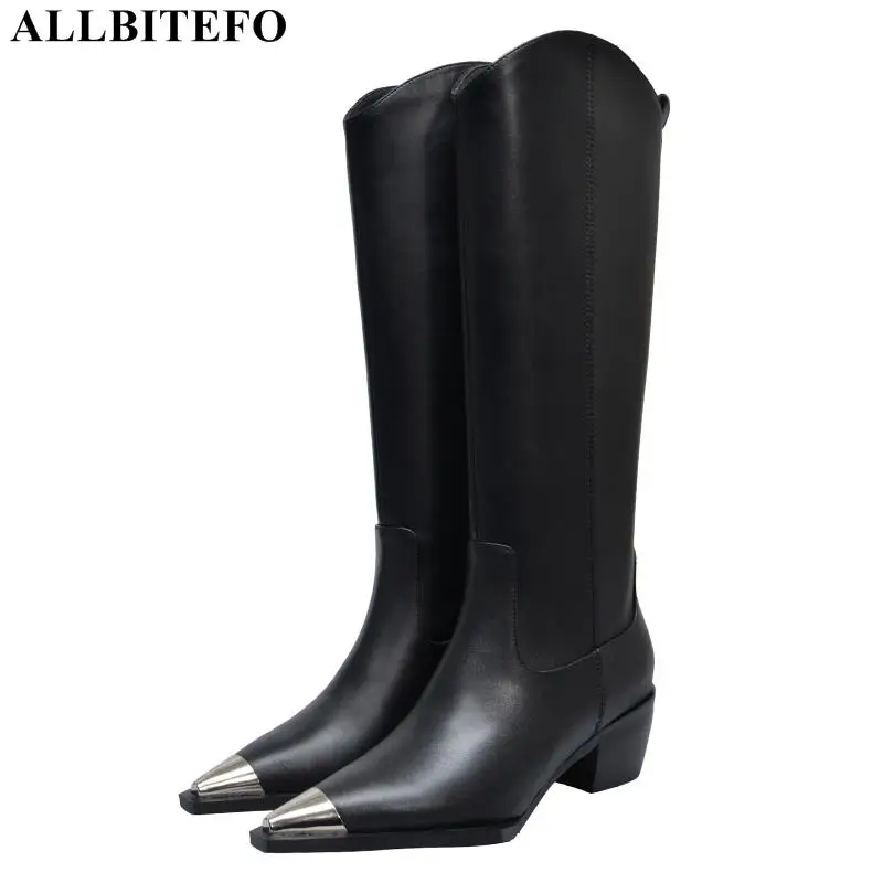 

ALLBITEFO metal toe genuine leather thick heel long women boots high quality women high heel shoes autumn office ladies shoes