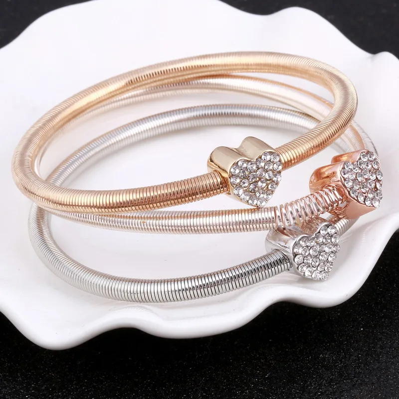 

2018 Gifts 3Pcs Gold Filled Heart Charm Elastic Bracelets For Women Pulseras Bracelet Cute Multilayer Bangles pulseira feminina