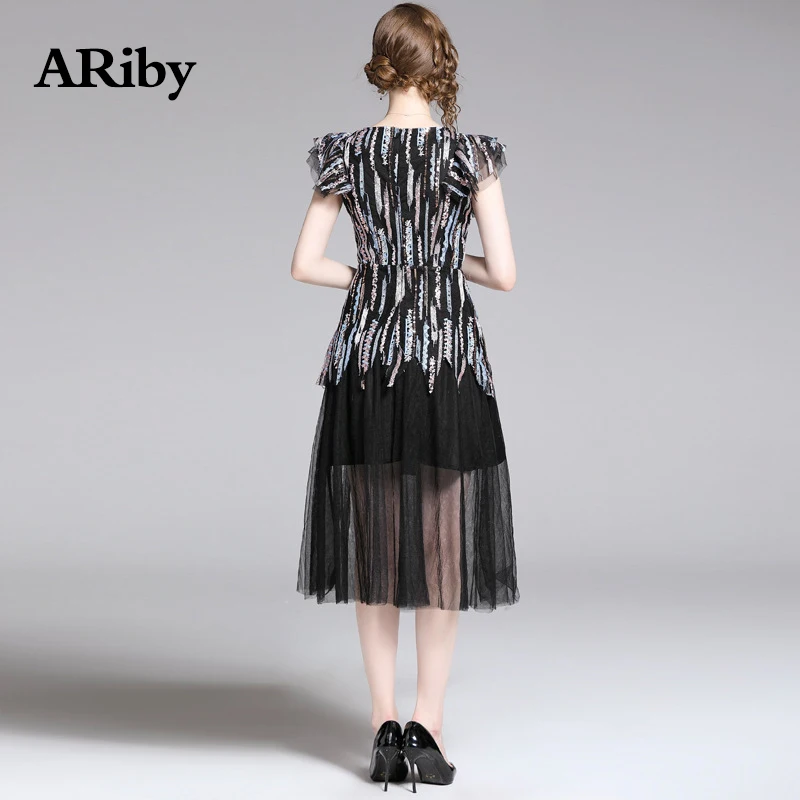ARiby 2019 Summer New Fashion Women Dress Office Lady Elegant Mesh Flounces Stitching O-Neck Short Sleeve A-Line Dress Plus Size