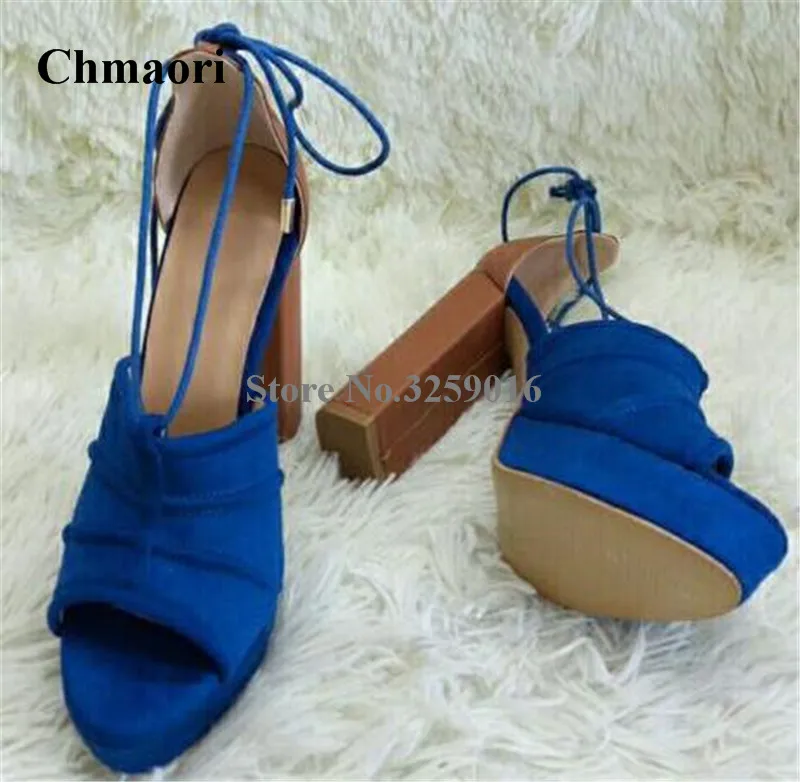 

Sexy New Fashion Women Open Toe Blue Suede Leather Thick Heel Pumps Cut-out Lace-up Patchwork High Heels Dress Shoes