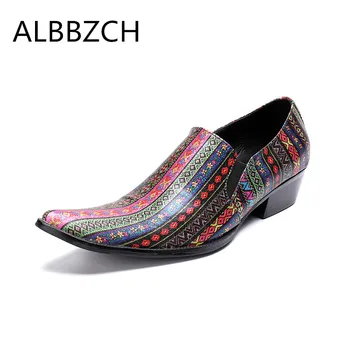 

Spring summer men shoes high heeels pointed toe slip on printing leather fashion loafer wedding shoes men career work show shoes