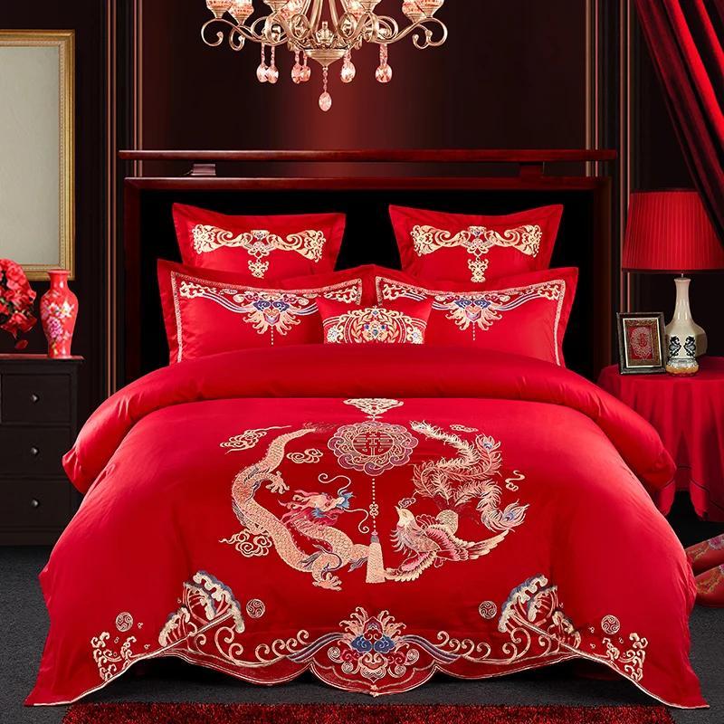 4 7pcs Queen King Size Red Wedding Bedding Sets Oriental