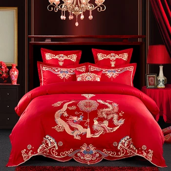 

4/7Pcs Queen King size Red Wedding Bedding Sets Oriental Embroidery Duvet cover Bed set Bed Sheet Flat sheet set Pillow shams