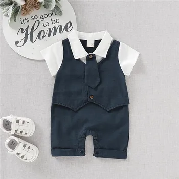 

Baby clothes Infant Baby Boys Short Sleeve Gentleman Romper Necktie Tie Solid Print Jumpsuit 0-18M babys A20