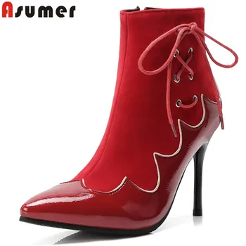 

ASUMER black red fashion ankle boots for women pointed toe zip ladies boots thin high autumn winter boots big size 33-43
