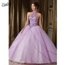 Пышные платья лаванды пышные платья бальное платье с бретелькой на шее без рукавов Тюль Кристаллы Сладкие 16 Платья со шнуровкой