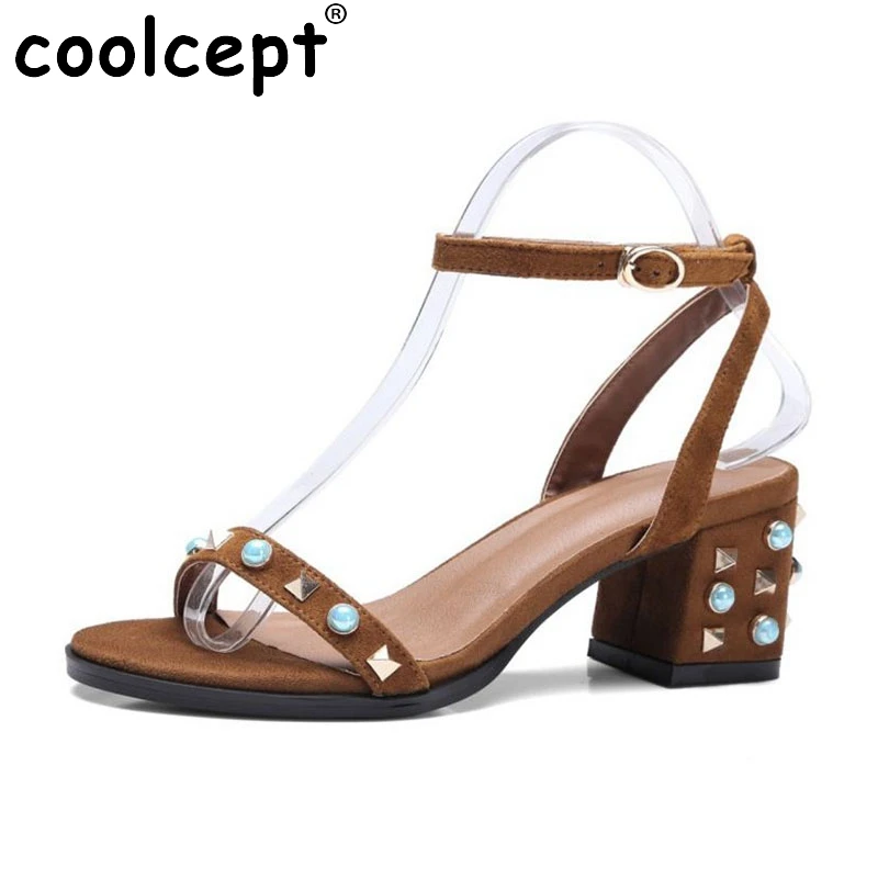 

Coolcept Size 33-43 Women Real Leather High Heel Sandals Open Toe Ankle Strap Rivets Summer Shoes Woman Party Club Sandal