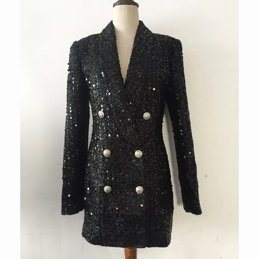 2019 European American Star Blast Outer Skirt Double Row Lion Buckle Bright Silk Shiny Beads Medium Long Suit Black Jackets Coat 2019 European American Star Blast Outer Skirt Double Row Lion Buckle Bright Silk Shiny Beads Medium Long Suit Black Jackets Coat