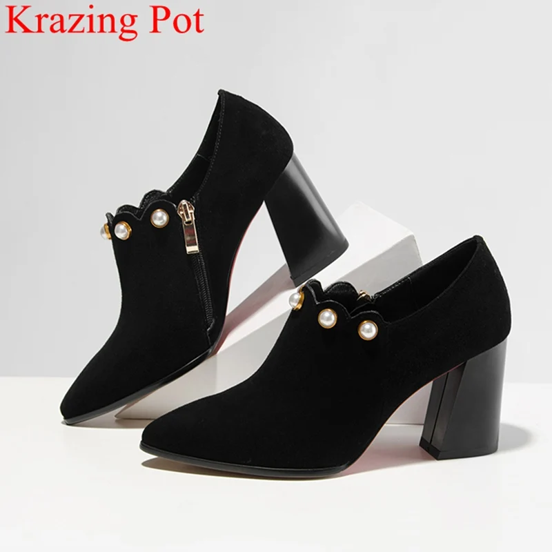

2018 superstar pointed toe sweet square heel women pumps slip on genuine leather concise pearl office lady elegant shoes L07