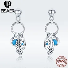 BISAER, 925 пробы, серебряные Винтажные серьги-гвоздики с перьями и голубыми глазками для женщин, модные серьги, ювелирные изделия, серьги, бижутерия ECE436