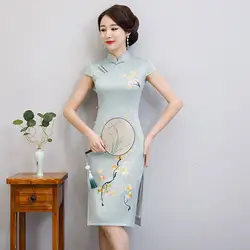 Небесно-голубой китайский Стиль вышивка Тонкий платье Винтаж женские короткие Qipao район Классический этап шоу элегантный женское