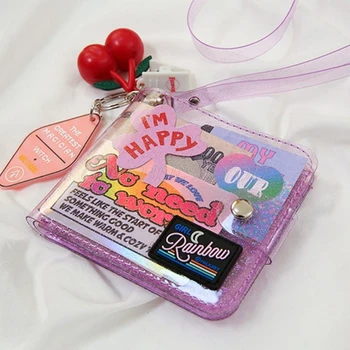 

Transparent ID Card Holder PVC Folding Short Wallet Fashion Women Girl Glitter Business Cards Case Purse With Lanyard Sum