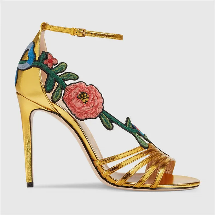 

US4-11 Womes Genuine Leather Stlilettos Embroidery Floral High Heel Ankle Buckle Peep Toe Sandals Pumps Shoes Plus Size A441