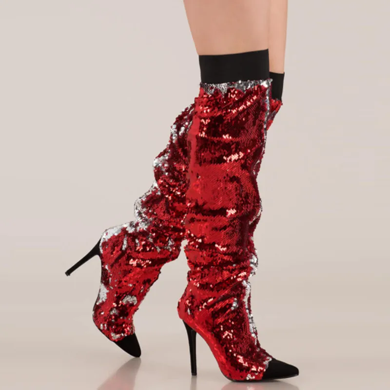 Новинка г. Весенние блестящие женские блестящие сапоги модные черные ботфорты с острым носком обувь на высоком каблуке-шпильке без шнуровки - Цвет: as picture