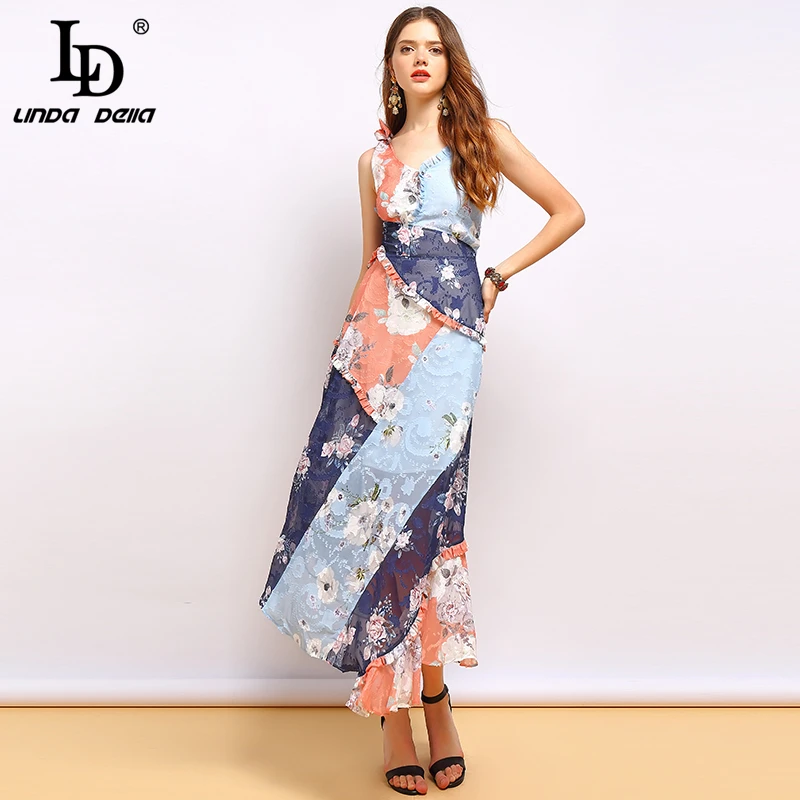 

LD LINDA DELLA New Fashion Summer Dress Women's Sexy V-Neck Ruffles Bow Tie Floral Printed Elegant Vintage Party Long Dresses