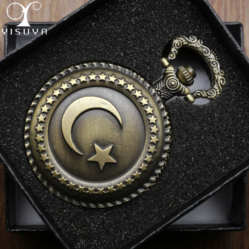

Retro Pocket Watch Turkish Flag Design Moon and Star Theme Quartz Round Fob Watch with Necklace Chain Clock+ Gift Box