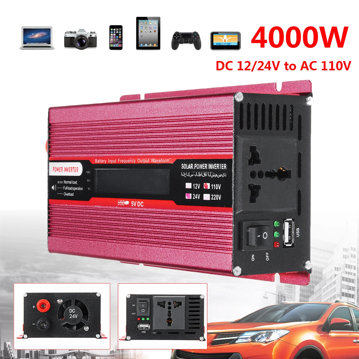 

Voltage Transformer PEAK 4000W Aluminum Red 12/24V To AC 220/110V Car Power Inverter USB Modified Sine Wave Converter Multiple