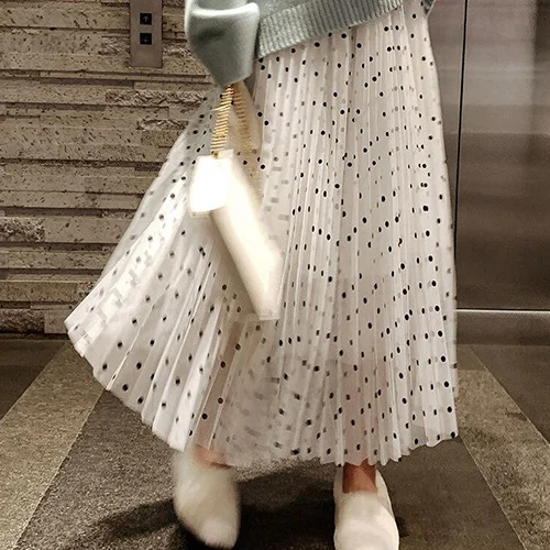 Женская плиссированная юбка TIGENA, длинная юбка в горошек, юбка с высокой талией для женщин на лето - Color: White