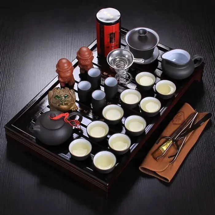 Chinese Teaset Tea Set Yixing Ceramic Kungfu Tea Sets 26pcs Solid Wood Tray Kungfu Set Service