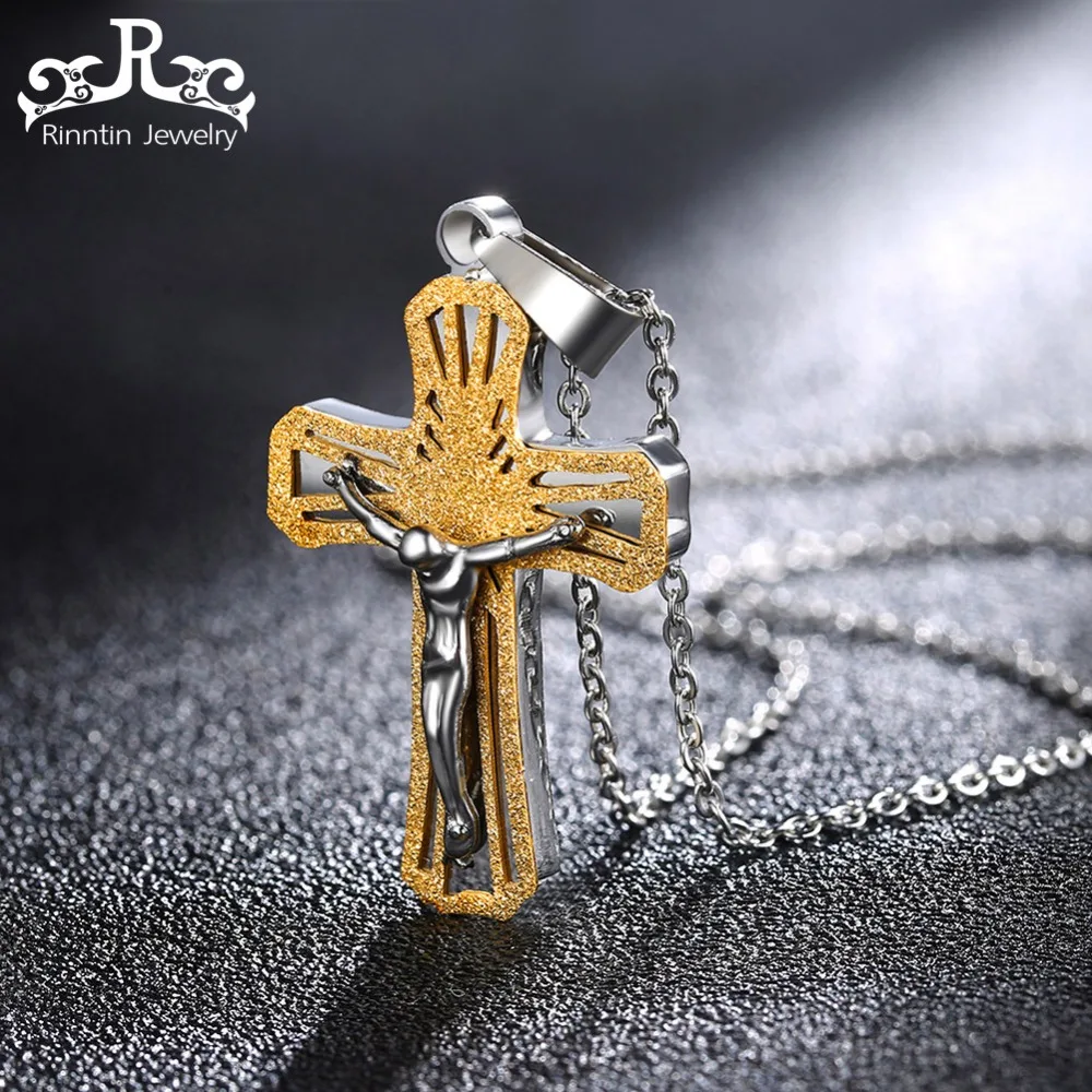 

Rinntin Stainless Steel Necklace With Gold Color Frosting Unique Jesus Cross Pendant Necklace Men Christmas Jewelry Gift DGTN29