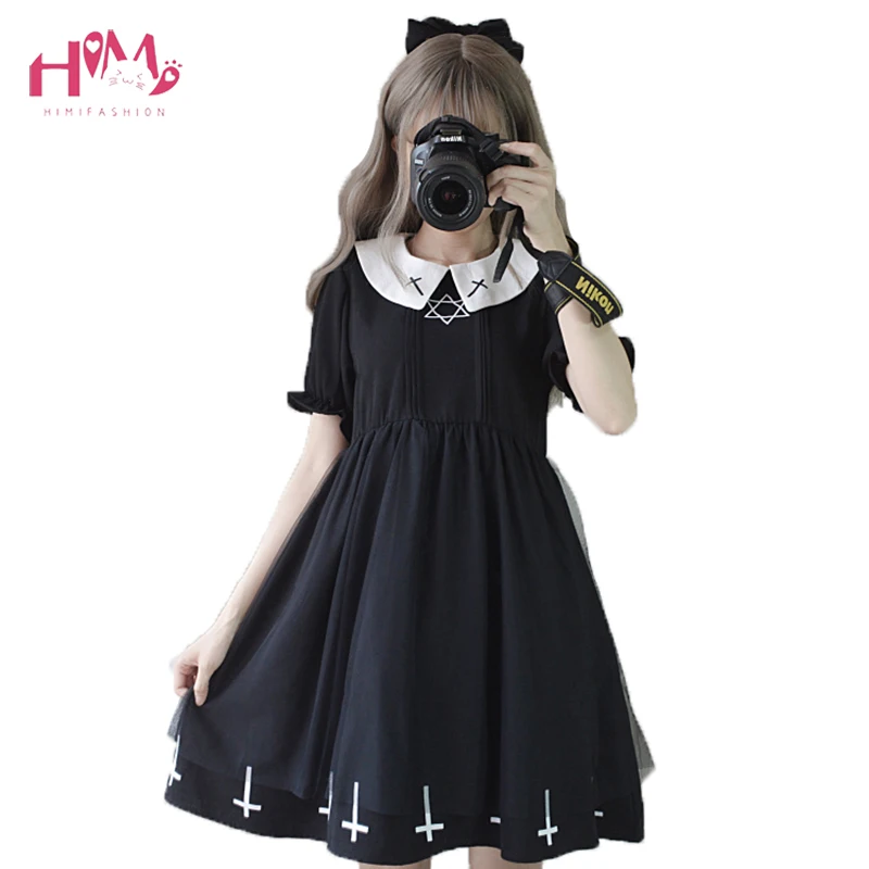 

2020 Japanese Soft Sister Preppy Style Harajuku Dark Girl Black Dress JK Uniform Embroidery With Peterpan Collar Women Dress