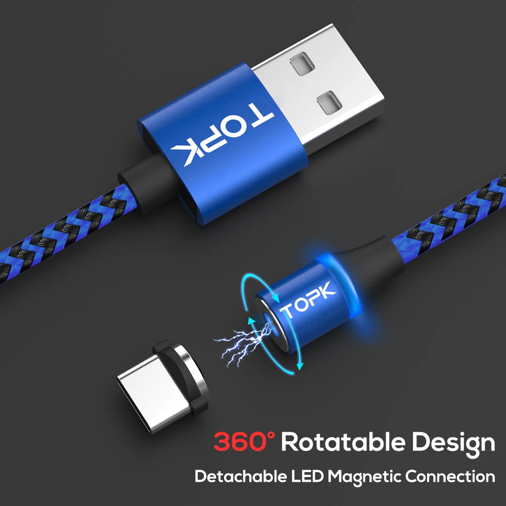 TOPK R-Line3 LED magnético Cable para iPhone 7 6X8 SE iPad de Nylon trenzado de Cable USB a Micro USB y USB cable de tipo C para Samsung Xiaomi