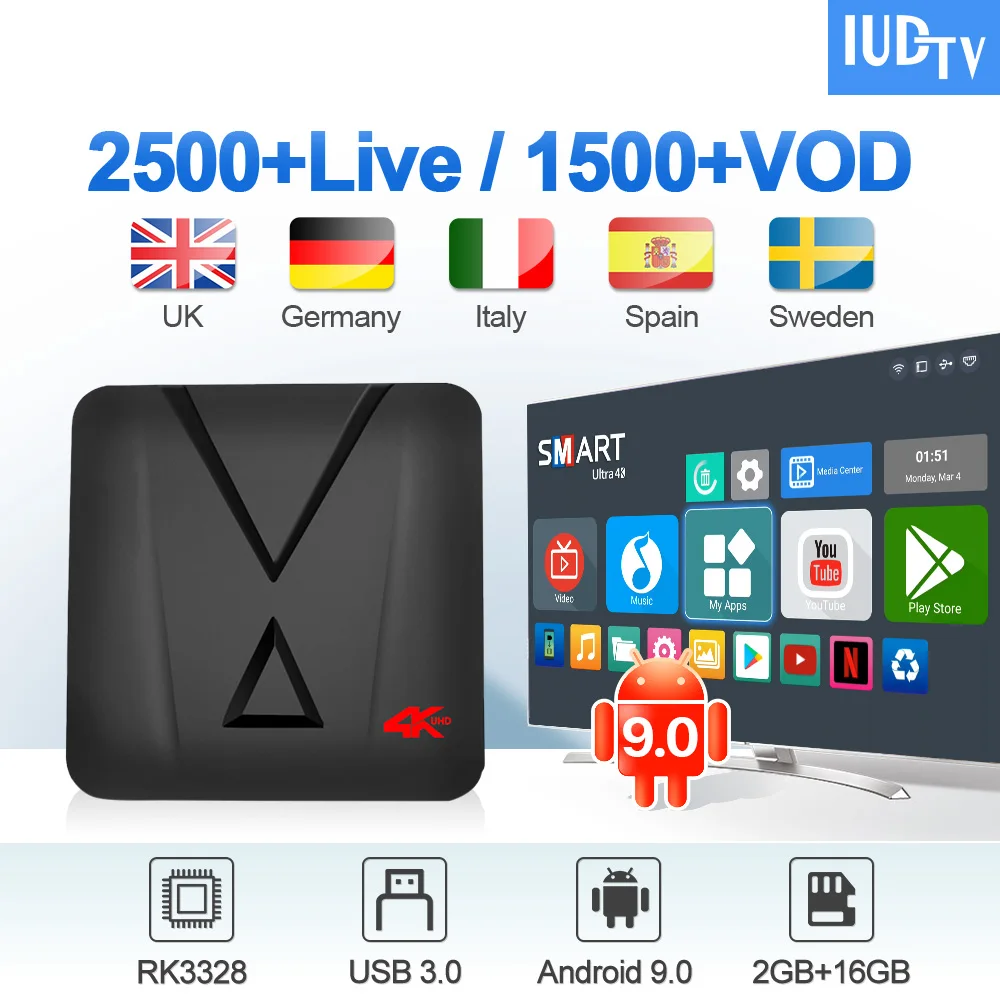 

IPTV Spain UK Germany IUDTV MX10 Mini Android 9.0 2G+16G USB3.0 Nordic Europe Greek IPTV Spain Italian UK Germany EX-YU IPTV Box