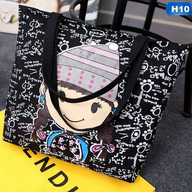 

Large Black Canvas Tote Bag Fabric Cotton Cloth Reusable Shopping Bag Women Beach Handbags Cats Printed Grocery Bags