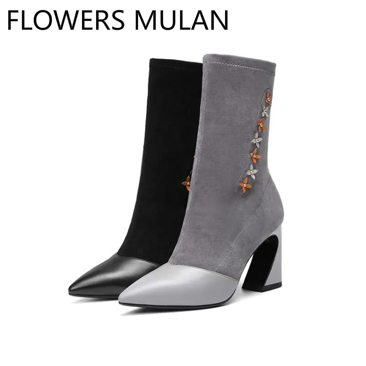 

Designers Patchwork Black Grey Ankle Boots For Women Chic Sewing Upper Strange Heel Ladies Booties With Color Floral Shoes Woman