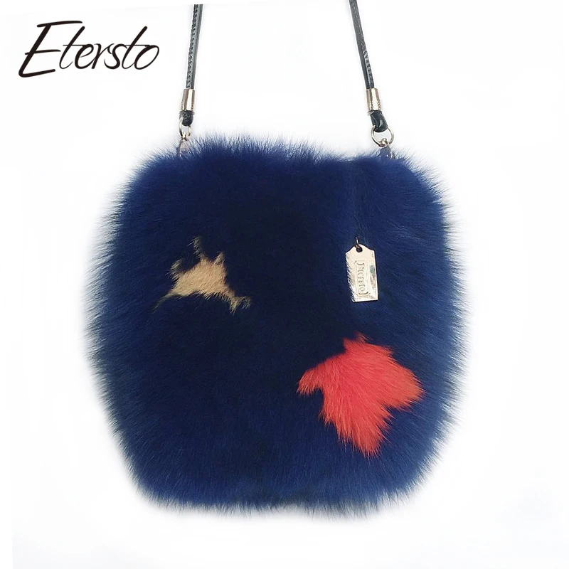 

Etersto 2017 New Arrival Real Fur Bags Made By Whole Pieces Fox Fur Women Luxury Messenger Bags Fox Fur Bucket bag for Female