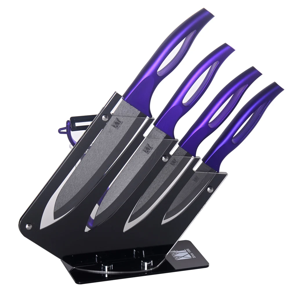 Kitchen ceramic knife 6 piece set one black blade purple handle peeler and a acrylic knife
