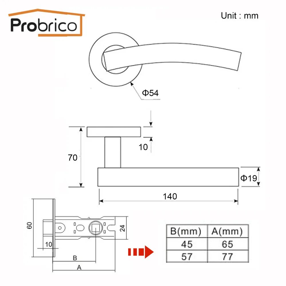 Набор межкомнатных дверных ручек из нержавеющей стали Probrico, Европейский врезной дверной рычаг, замок с 45 мм, 57 мм, дополнительная защелка, дверная фурнитура