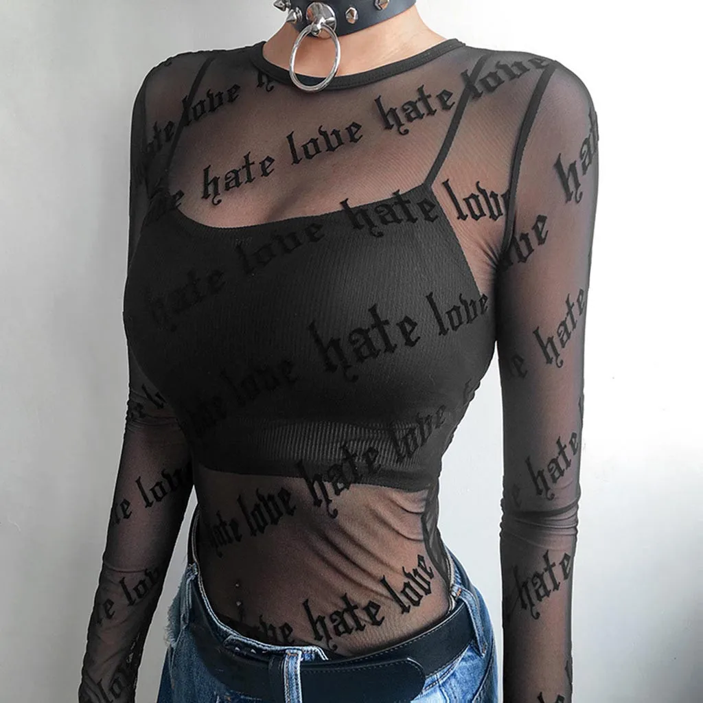 

HATE LOVE Women shirt modis sexy mesh bottoming Turtleneck Long Sleeve Print Mesh Perspective Short Tops