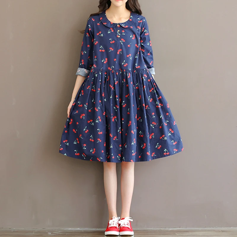 

Maternity Clothes New Arrival Retro Dresses for Pregnant Women Fashion Doll Collar Print Cotton Linen Losse Pregnancy Dress