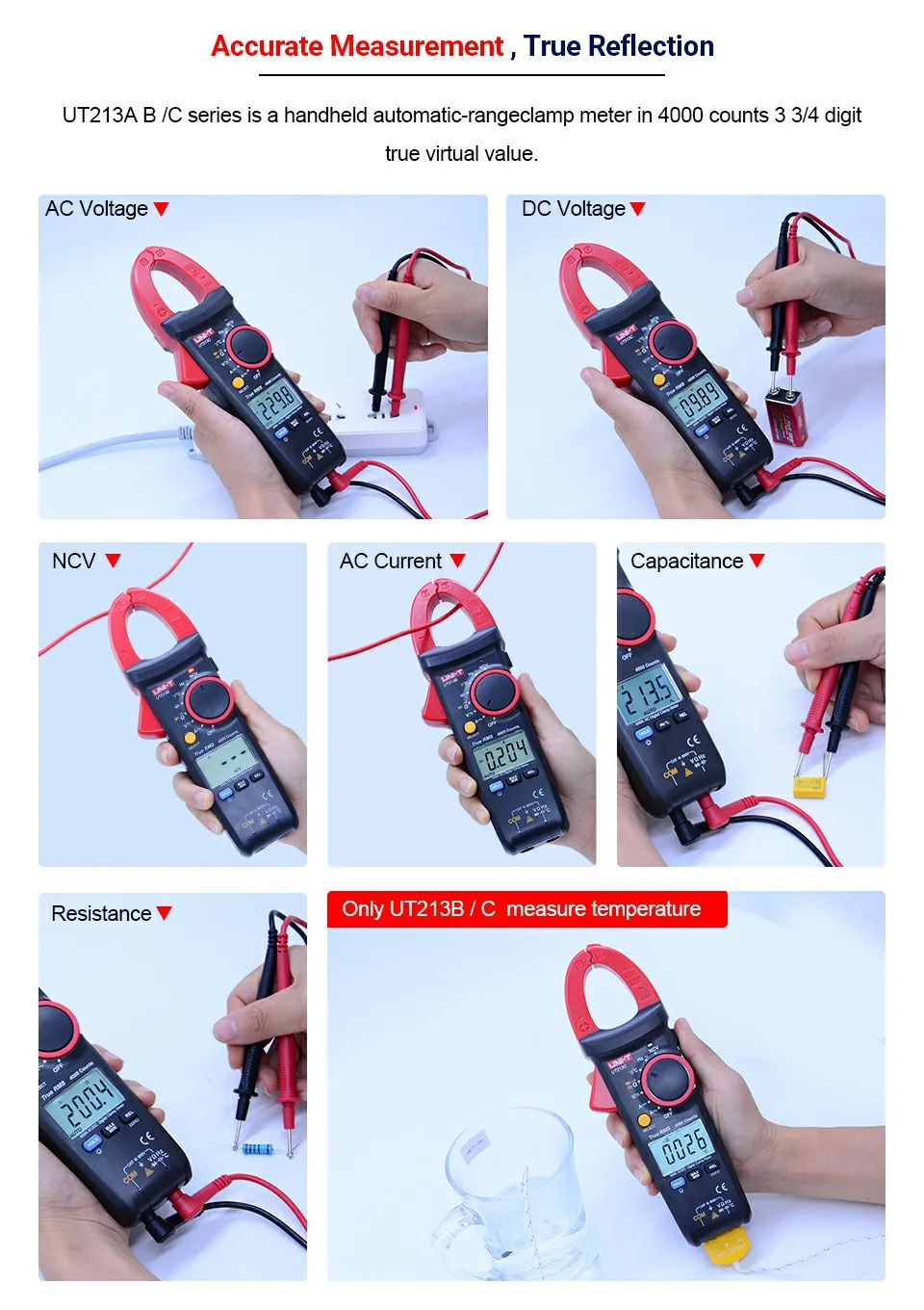 UNI-T UT213A/UT213B/UT213C 400A Цифровые токовые клещи мультиметр True RMS сопротивление/постоянной ёмкости, универсальный конденсатор/частота/Температура/диод Тесты