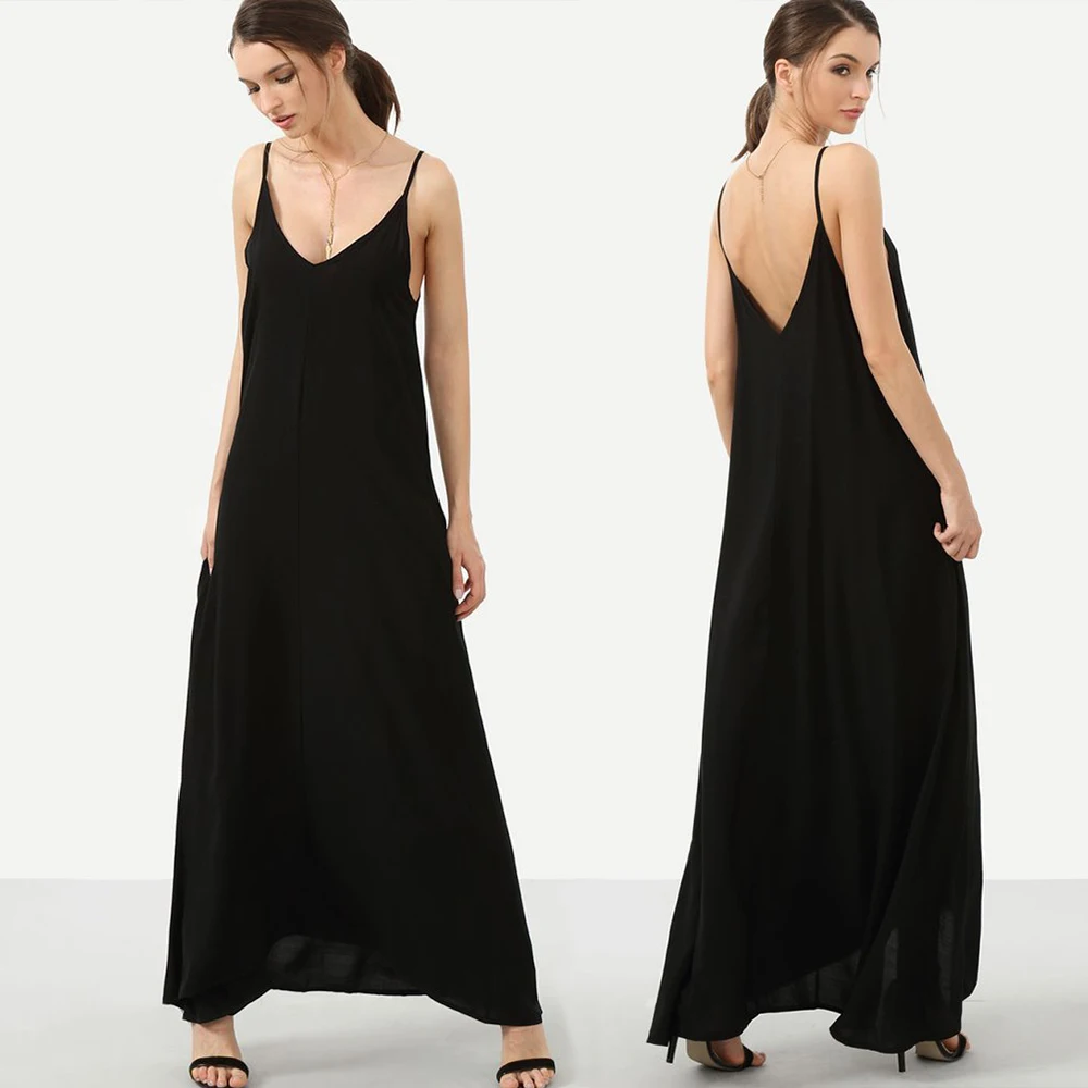 

4XL 5XL Plus Size Strap Long Dress Summer Women Loose Sleeveless Pockets Maxi Dresses Boho Beach Solid Black Sundress