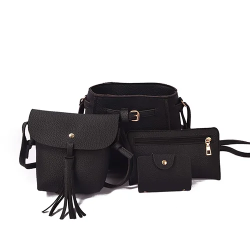 Модный комплект из искусственной кожи, сумка для женщин, однотонная мягкая искусственная кожа, женские дизайнерские сумки-мессенджеры на плечо, сумка через плечо, сумки, комплект из 4 предметов - Цвет: Черный