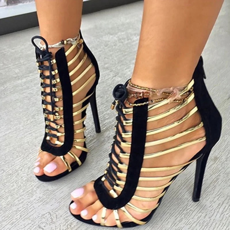 

Gold Straps Cut Out Women Strappy Sandals Elastic Band Lace Up Ankle Boot Open Toe Thin High Heels Fretwork Dress Cage Shoes