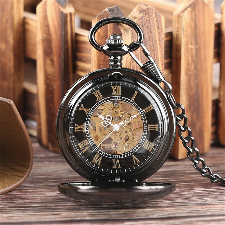 Vintage Black Hollow Gear Carving Hand Wind Mechanical Pocket Watch Skeleton Steampunk Roman Number Luxury Pendant Chain Gifts (3)