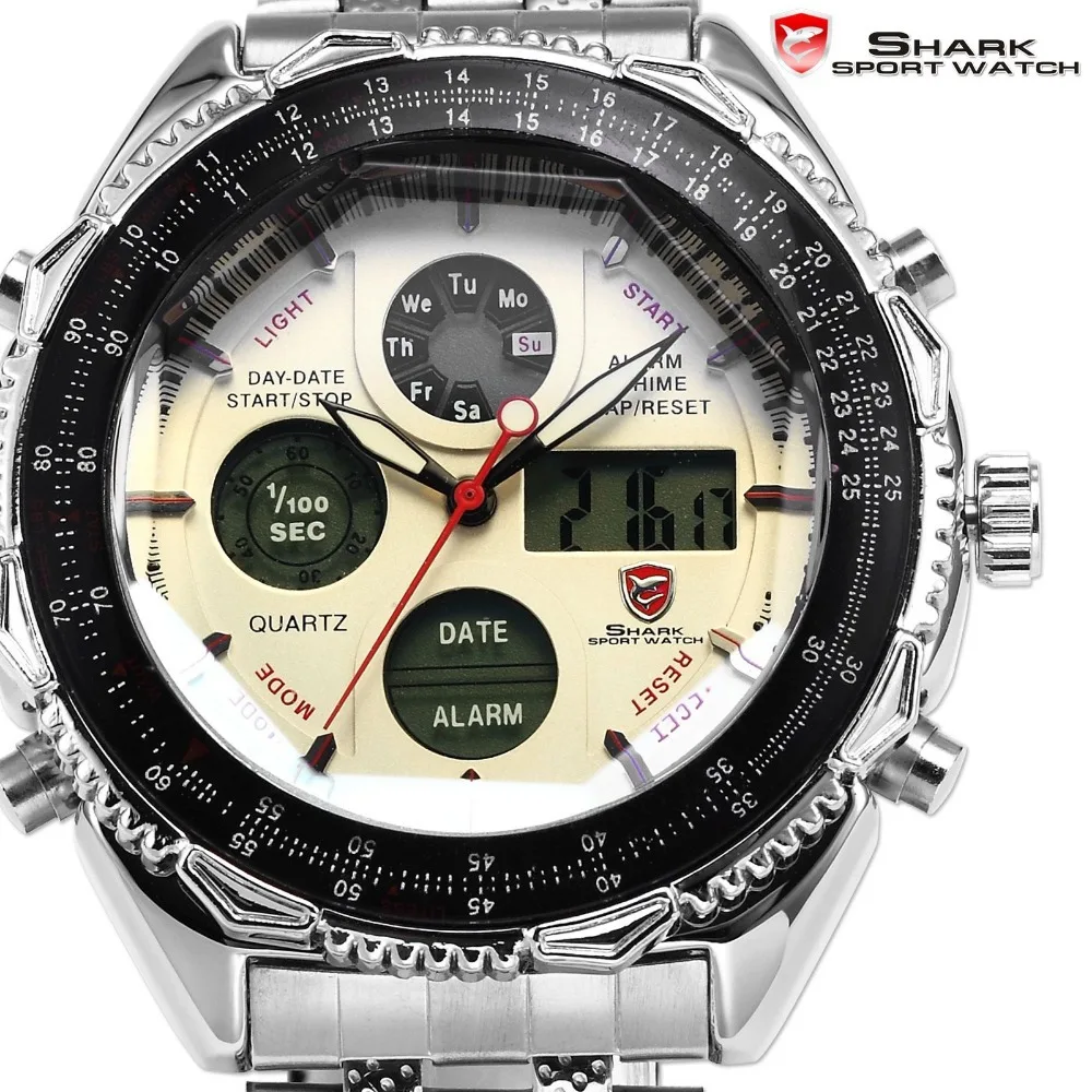 Акула бренд Часы аналоговый серебро из нержавеющей стали чехол хронограф мужская черный белый спортивный кварцевые наручные часы / SH109