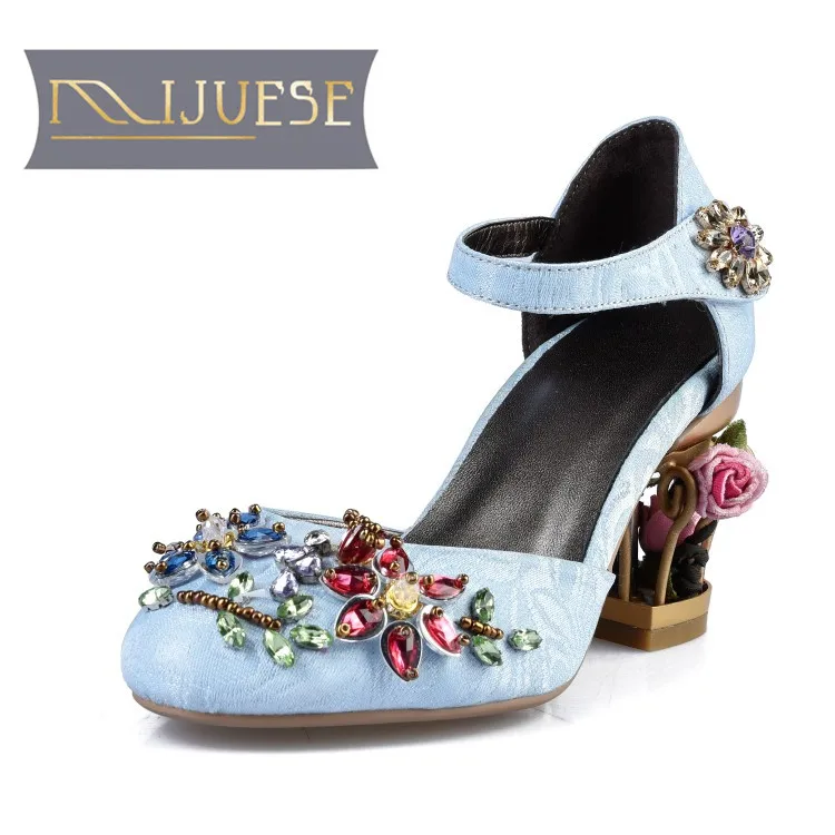

MLJUESE 2018 women pumps spring slip on floral crystal party wedding dress ankle strap wine red high heels women size 34-43
