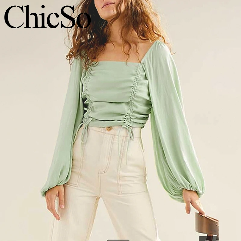

MissyChilli Pleated lantern sleeve crop top women Square neck short tops & Tees Summer autumn sexy elegant cami 2019 new fashion