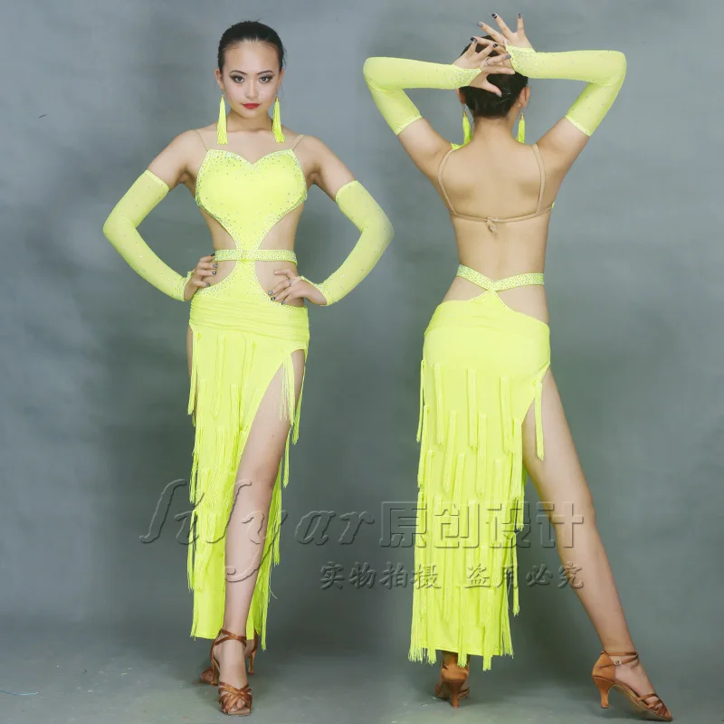 

Luxury Rhinestones Latin Dance Dresses Performance Costumes Sexy Tassel Latina Dress For Women Girls Stage Competiton Clothing