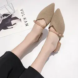 2019 летние новые тапочки женские вразлёт, плетение с острым носком обувь на квадратном каблуке шлепанцы пряжка на ремешке половина женская