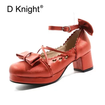 

2019 New Cosplay Women Pumps Shoes Japanese Style Ankle Strap Anime Lolita Shoes High Heels for Women Preppy Bow Students Shoes