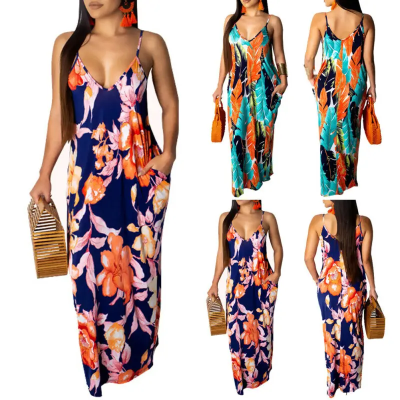  Women Boho Maxi Long Dress Sleeveless Spaghetti Strap Flower V-Neck Loose Dress Street Beach Dresse