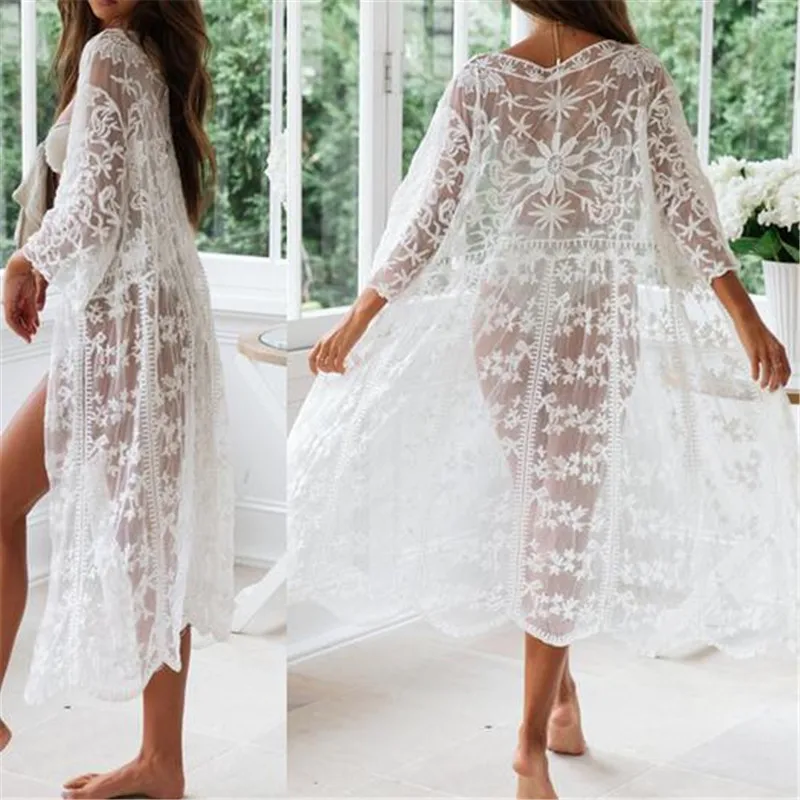 Сексуальное летнее длинное платье для женщин три четверти цветочное кружево