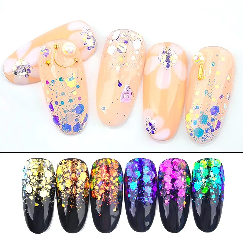 

6Boxes/Set Transparent Nails Neon Sequins Mix Magic Mermaid Nail Sequins UV Gel Polish DIY Nail Art Manicure Decorations #DMT07#